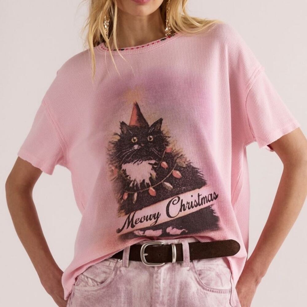 We The Free People Merry Meowy Tee T Shirt Black Tuxedo Cat Christmas Size L